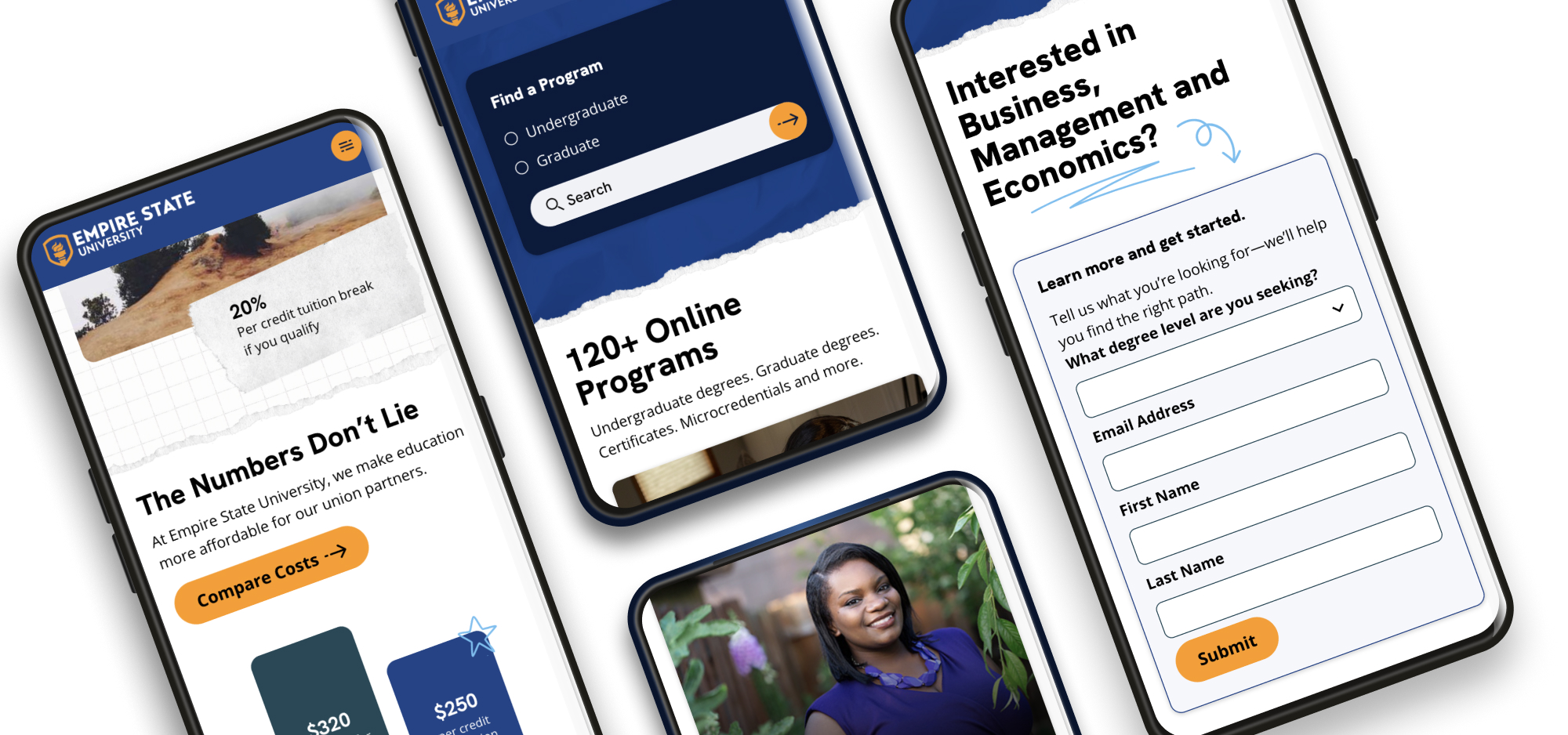 Empire State University website screenshots on mobile phones
