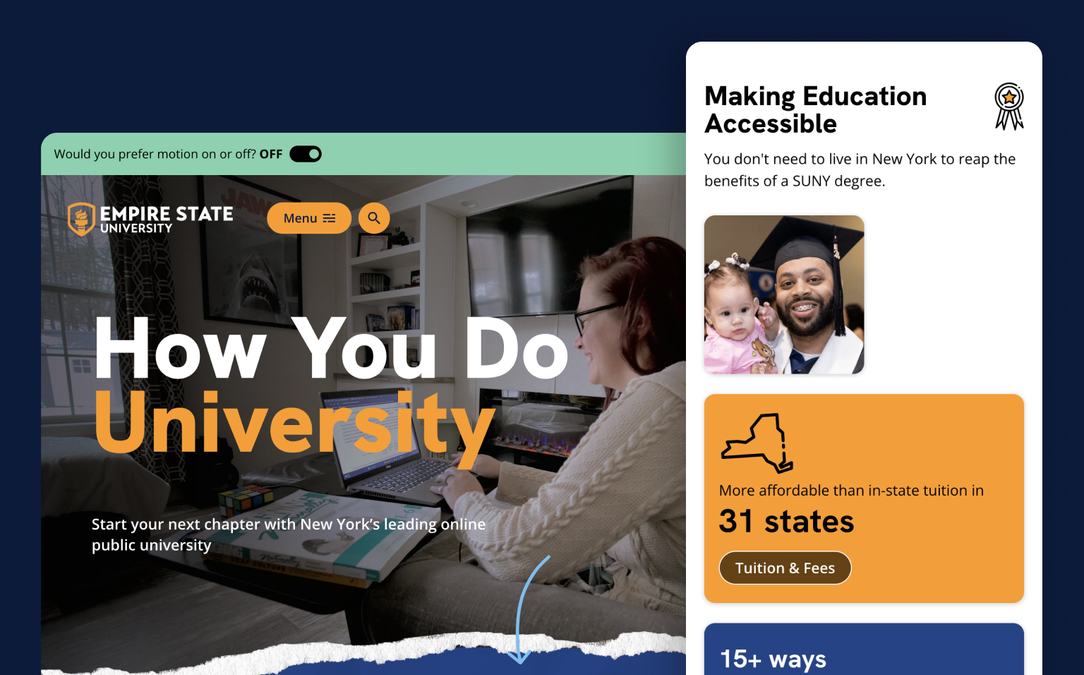 Empire State University screenshots of home page on large and small screen