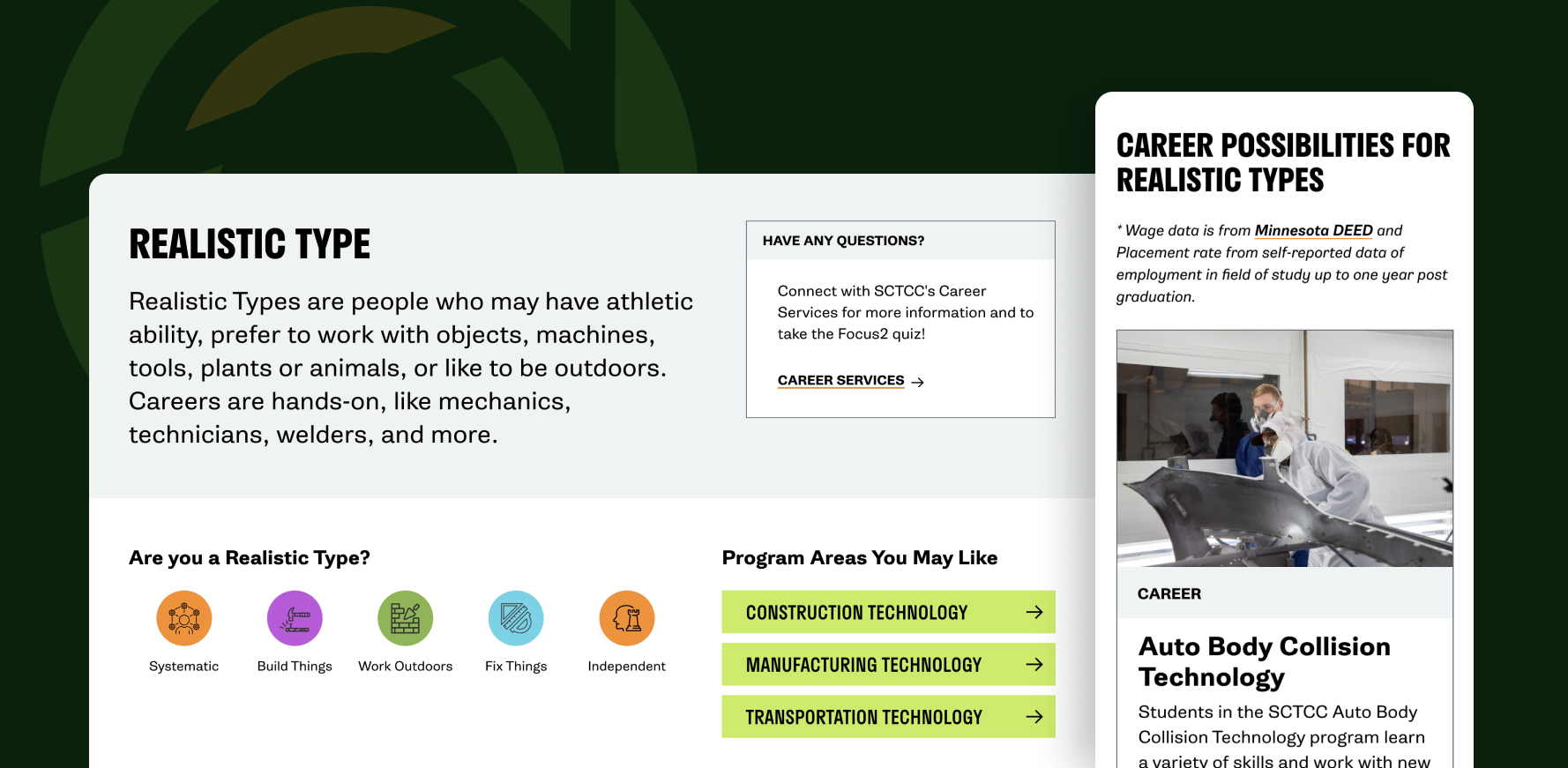 SCTCC screenshots of personality career finder on large and small screen