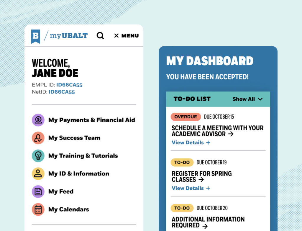 University of Baltimore screenshots of intranet menu and dashboard on small screens