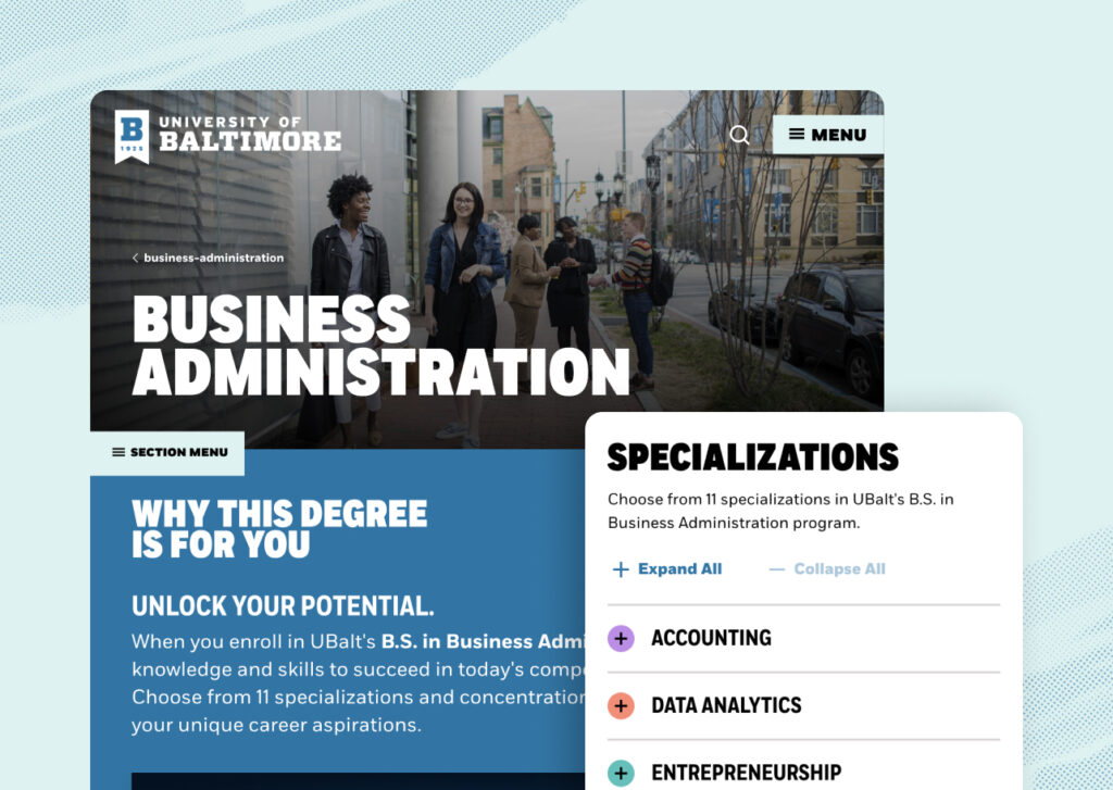 University of Baltimore screenshots of program page on large and small screen